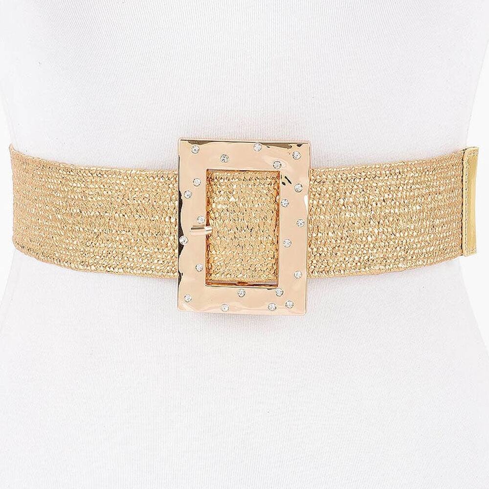Rhinestone Square Buckle Straw Stretch Belt – Gold